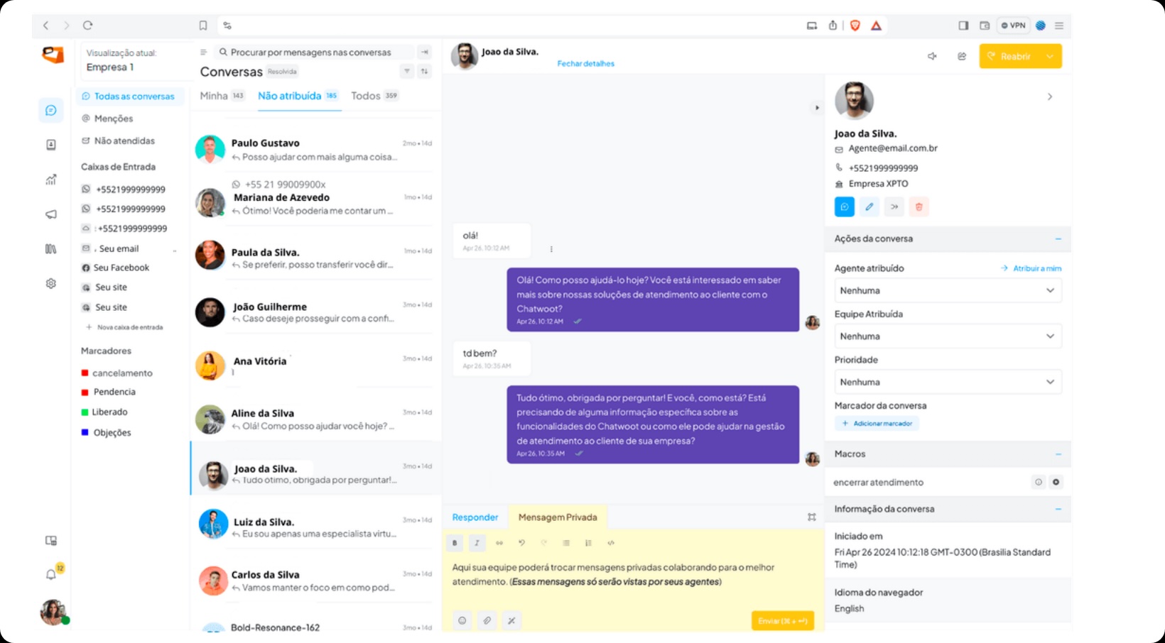 Interface do sistema de atendimento omnichannel